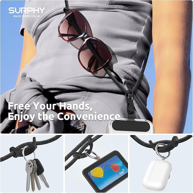 SURPHY Phone Lanyard, Adjustable Phone Strap Crossbody with 2 Pack Cell Phone Tether Tab, Premium Metal Buckles, Skin-Friendly, Universal Cell Phone Lanyard Crossbody for Women and Men, Black