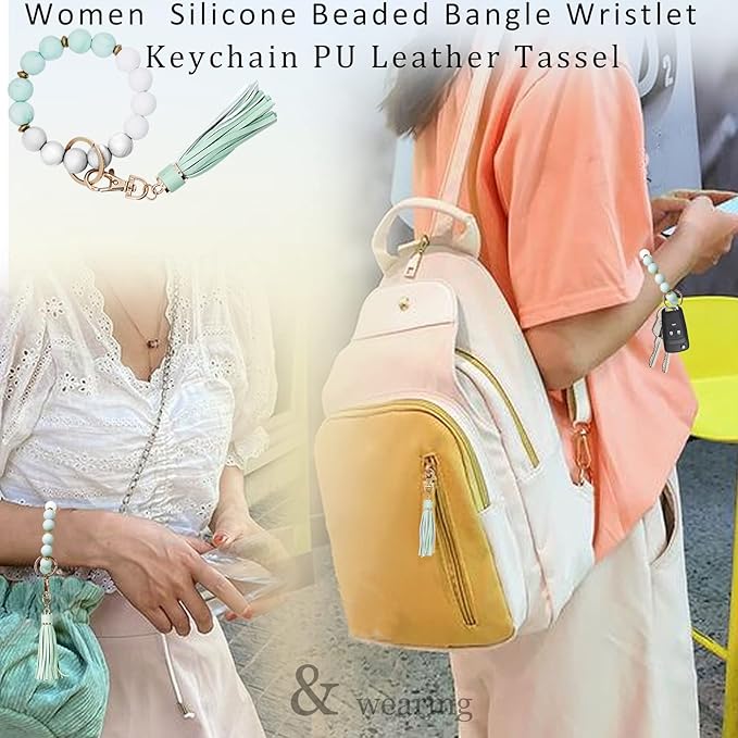 BIHRTC Key Ring Bracelet Car Keychain Holder Wristlet Silicone Women Beaded Bangle Chains