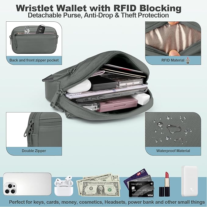 Clip and Go Strap for Phone with Wallet Crossbody, Adjustable Phone Lanyard with Detachable RFID Wristlet Wallet, Pattern Strap - Grey(L)