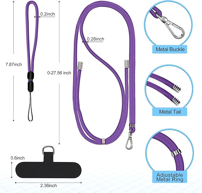 takyu Phone Lanyard, 2 Pack Adjustable Cell Phone Lanyard Crossbody Neck Strap & 2 Pack Wrist Strap with Tether Tabs Compatible for iPhone Android Smartphones- DarkPule Black