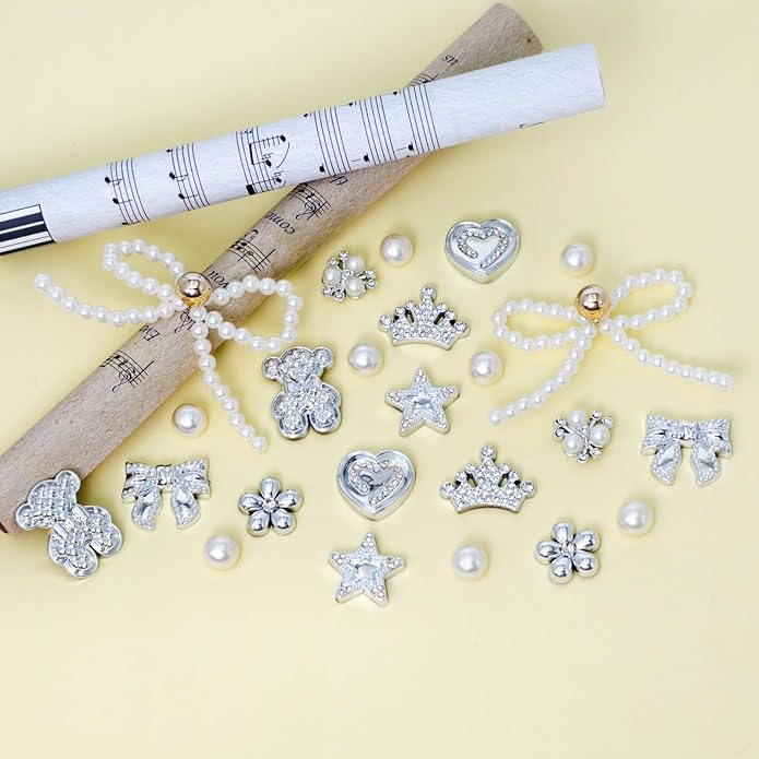 24Pcs Bling Pearl Bow Shoe Charms for Clog Sandals Women, Bear, Flower, Pearl Accessories, DIY Shoe Decoration Charms for Girls