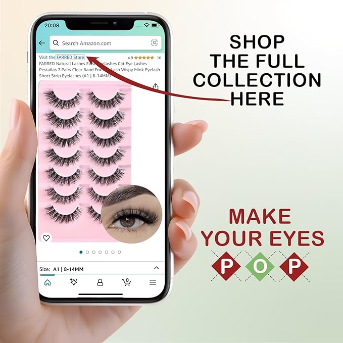 FARRED Lashes Cat Eye False Eyelashes Fluffy Wispy Lash Strips Natural Voume Fake Eyelash Mink Eye Lashes Natural Looking 7 Pairs Full Short Strip Pestañas Set Small Cateye Easy Lashes for Beginners
