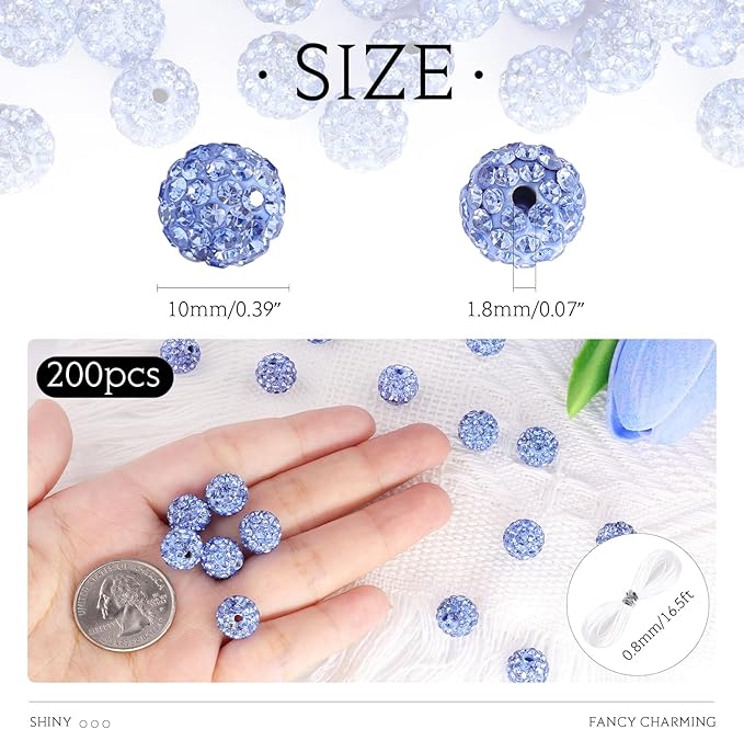 200 Pcs Light Sky Blue Rhinestone Beads for Jewelry Making, Sparkle Crystal Clay Christmas for Bracelet Baseball Necklace Earring Crafting and DIY, Shiny Round Shamballa Disco Ball Beads Bulk