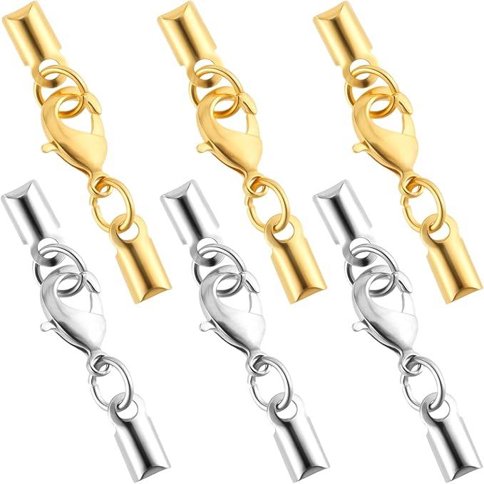 OIIKI 6pcs Cord End Caps with Lobster Clasp, 4mm Leather Cord Ends Jewelry Clasps, Brass Barrel Terminators Leather Jewelry Connector for DIY Necklaces Bracelets Keychains- Gold & Silver