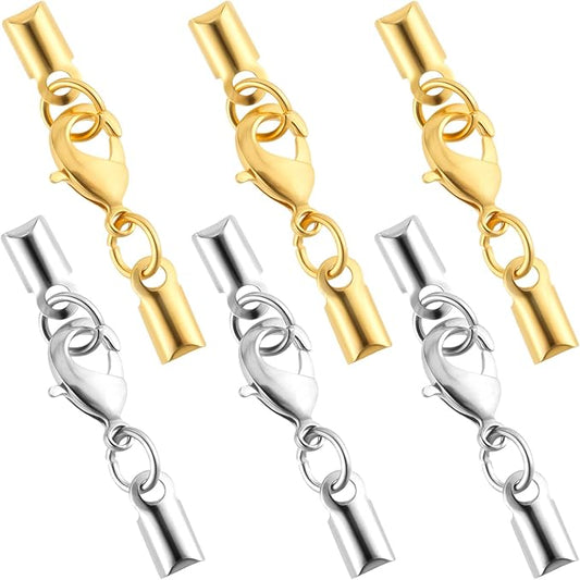 OIIKI 6pcs Cord End Caps with Lobster Clasp, 4mm Leather Cord Ends Jewelry Clasps, Brass Barrel Terminators Leather Jewelry Connector for DIY Necklaces Bracelets Keychains- Gold & Silver
