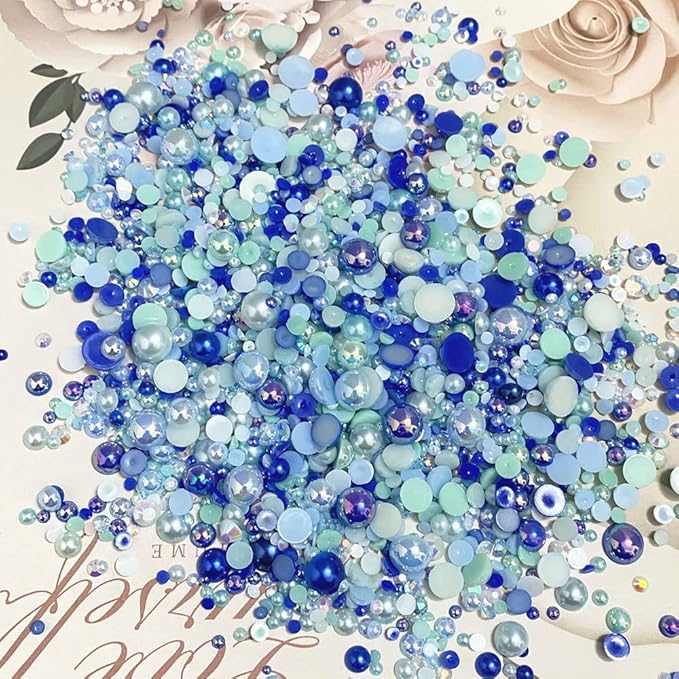 100g Mix Resin Rhinestones Flatback Half Round Pearls Mixed Size 3mm-10mm AB Color Half Pearls Resin Rhinestones for DIY Craft Nail Art Shoes Clothes Phone Case (Blue Series)