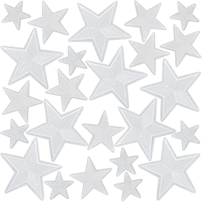 WILDREEDS 24 Pieces Star Iron on Patches, Star Embroidered Patch for Clothing, T-Shirt, Backpacks, Hats, Jeans, Jackets (White)