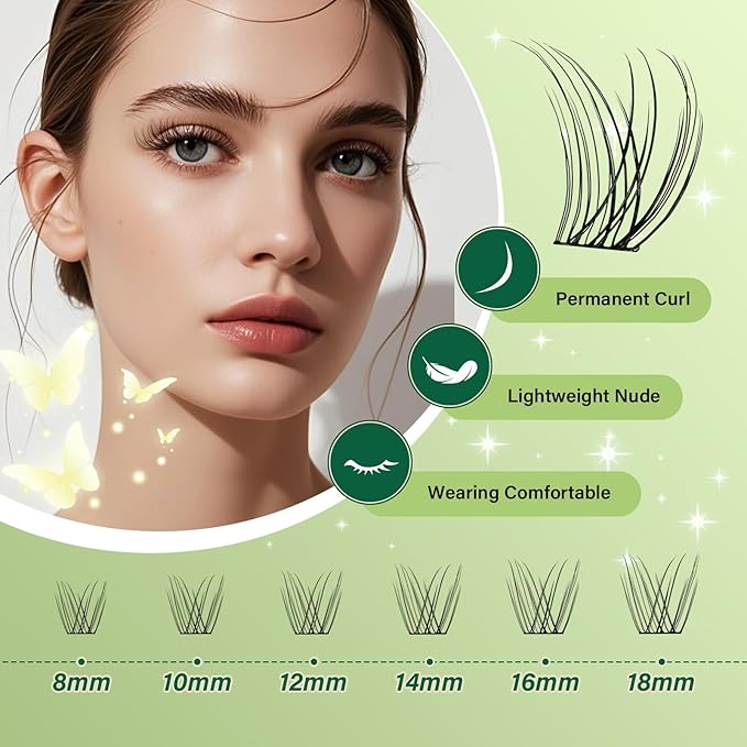 KEYYOU Natural Lash Clusters Kit 144Pcs DIY Lash Extension Kit Wispy Eyelash Extensions Kit D Curl 8-18MIX with Bond and Seal and tweezers with Thin Lash Band(KIT-N01-D-8-18MIX)
