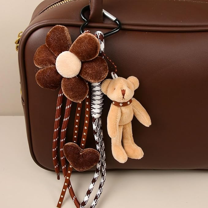 Kawaii Plush Keychain Purse Charms Cute Brown Bag Charms for Women Handbags