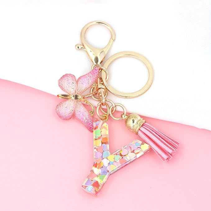 Fashion Alphabet Initial Letter Keychain Tassel Butterfly Pendant Key Ring for Purse Handbags Women Girl