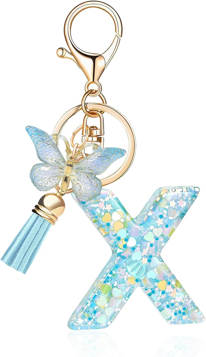 Fashion Alphabet Initial Letter Keychain Tassel Butterfly Pendant Key Ring for Purse Handbags Women Girl