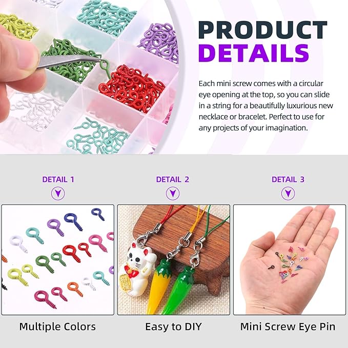 Swpeet 1101Pcs 11 Colors 2 Sizes 4×8mm 5×10mm Small Screw Eye with Tweezers Assortment Kit, Eye Pins Hooks Eyelets Screw Clasps Hooks Eye Screws for Jewelry Making DIY Jewelry Making Supplies