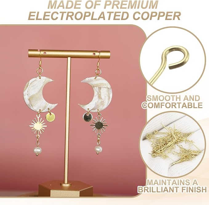 HARFINGTON 100pcs Open Eye Head Pins 1.57" 40mm Mini Metal Wire Eye Pins Beading Small Needles Bulk for Earring Pendant Necklace Bracelet Charm Jewelry Making Findings DIY Craft, 14K Gold