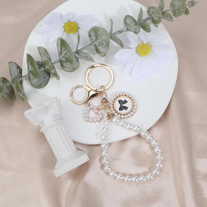 Pearl Keychain with White Bow,Beaded Wristlet Keychains Mother's Day Gift for Women Bow Key Charms