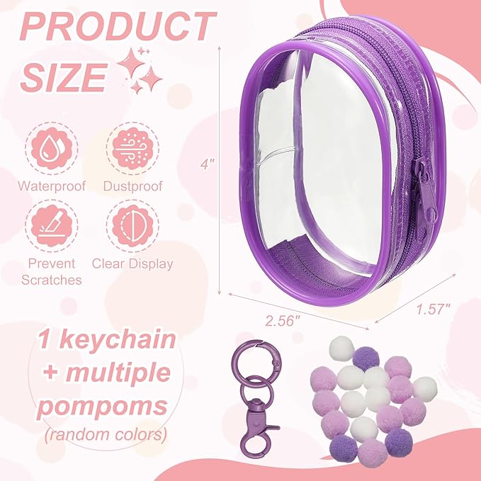 uxcell 4 Inch Clear Figure Display Bag, Mini Clear Pouch Waterproof Coin Pouch with Keychain and Pom Poms for Blind Box Doll Display (Round, Purple)