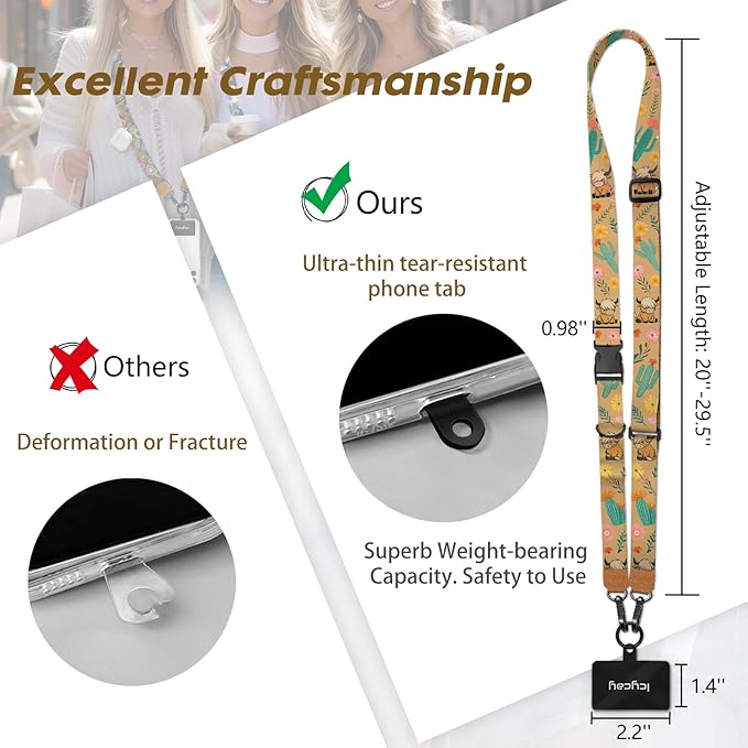 Phone Lanyard Crossbody, Highland Cow Cell Phone Strap for Around The Neck Adjustable, Western Teacher Anti Theft Cute Lanyard for iPhone Case ID Holder Keys Accessories Travel Essential