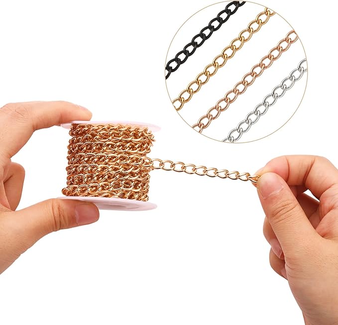 Jadive 4 Rolls 39.4 Feet Aluminium Necklace Chains 6.5 mm Twisted Links Spool Chain Jewelry Making Chains for Bracelet Necklace Jewelry Making(Rose Gold, Black, Silver, Gold)