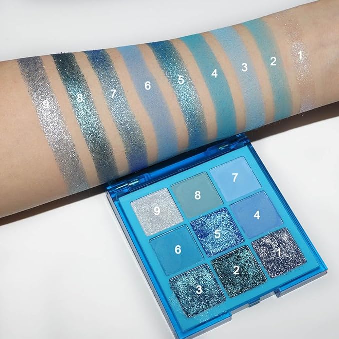evpct 9 Colors Blue Glitter Eyeshadow Palette, Glitter Dark Light Royal Cobalt Baby Sky Navy Blue Metallic Shimmer Sparkly Eye Shadow Palette Makeup for Older Women, Highly Pigmented Eyeshadow