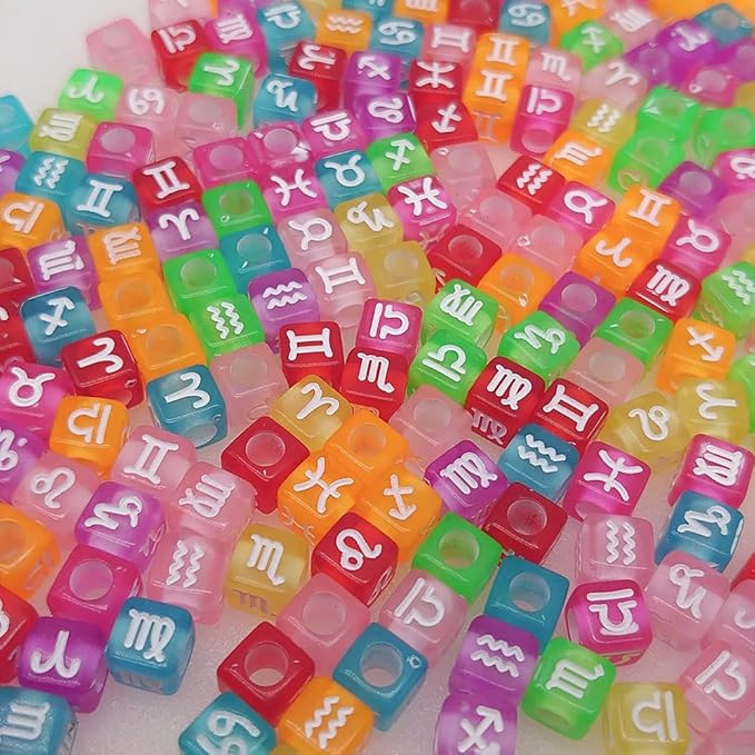 200+ Pieces 7x7mm Colorful White Cube Acrylic Alphabet Zodiac Charms Constellation Beads Mixed Plastic Shape Loose Beads forJewelry Making Bracelets Necklaces Key Chains (White on Colorful)