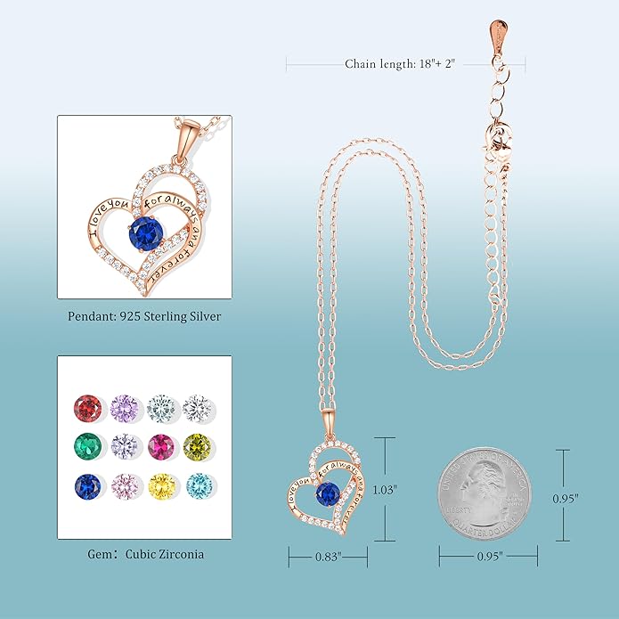 LynChoe Birthday Gifts Double Heart Birthstone Necklace for Women, S925 Sterling Silver Pendant Necklace Jewelry for Her Mother Mom Wife Girlfriend