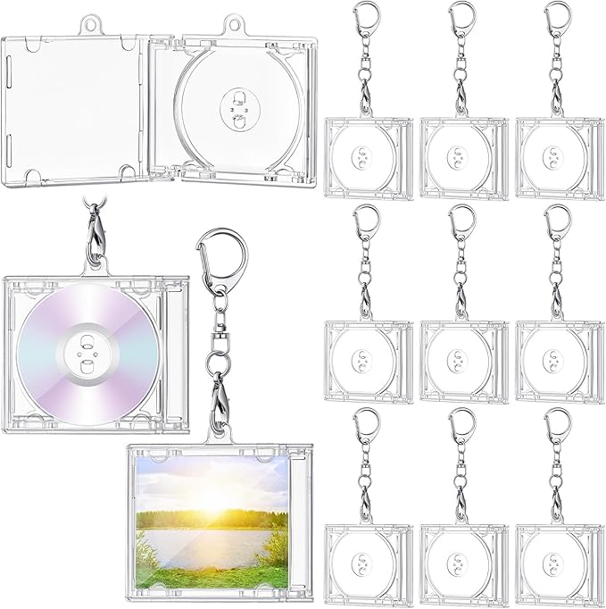 Misdary 10 Pcs Mini Cd Holder Keychain Album Case Plastic Player Shaped Key Pendant Blank DVD Case Clear CD Jewel Keyring for DIY