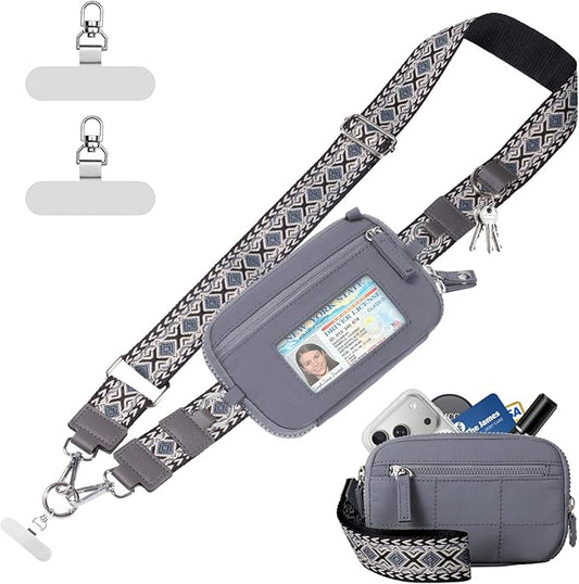 Clip and Go Strap for Phone with Wallet Crossbody Phone Lanyard with Anti-Theft Zipper Pouch Detachable Quilted Wrist Wallet with RFID and ID Window for Daily Travel. Grey