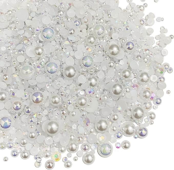 100g Mix Resin Rhinestones Flatback Half Round Pearls Mixed Size 3mm-10mm AB Color Half Pearls Resin Rhinestones for DIY Craft Nail Art Shoes Clothes Phone Case (White Series)