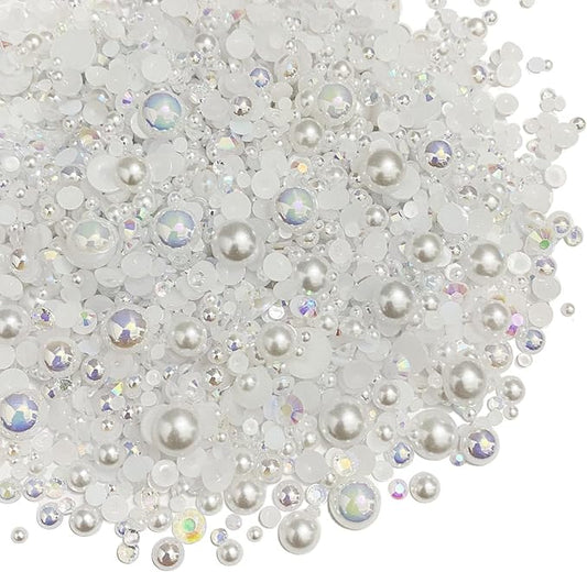 100g Mix Resin Rhinestones Flatback Half Round Pearls Mixed Size 3mm-10mm AB Color Half Pearls Resin Rhinestones for DIY Craft Nail Art Shoes Clothes Phone Case (White Series)