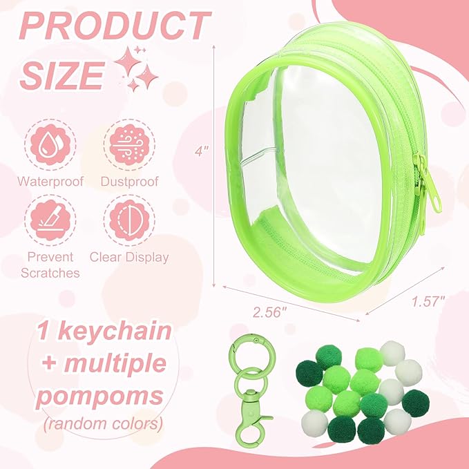 uxcell 4 Inch Clear Figure Display Bag, Mini Clear Pouch Waterproof Coin Pouch with Keychain and Pom Poms for Blind Box Doll Display (Round, Light Green)