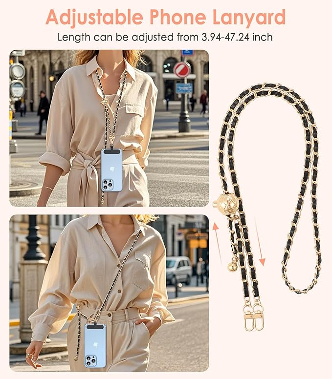 MoKo Universal Phone Lanyard, Adjustable Metal Cell Phone Chain Crossbody Strap Anti-Theft Detachable Women Cellphone Lanyards Around the Neck with Patches for iPhone, Most Smartphones,Black