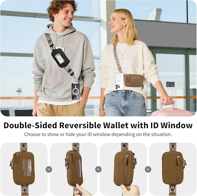 Clip and Go Strap for Phone with Wallet Crossbody Phone Lanyard with Anti-Theft Zipper Pouch Detachable Quilted Wrist Wallet with RFID and ID Window for Daily and Travel
