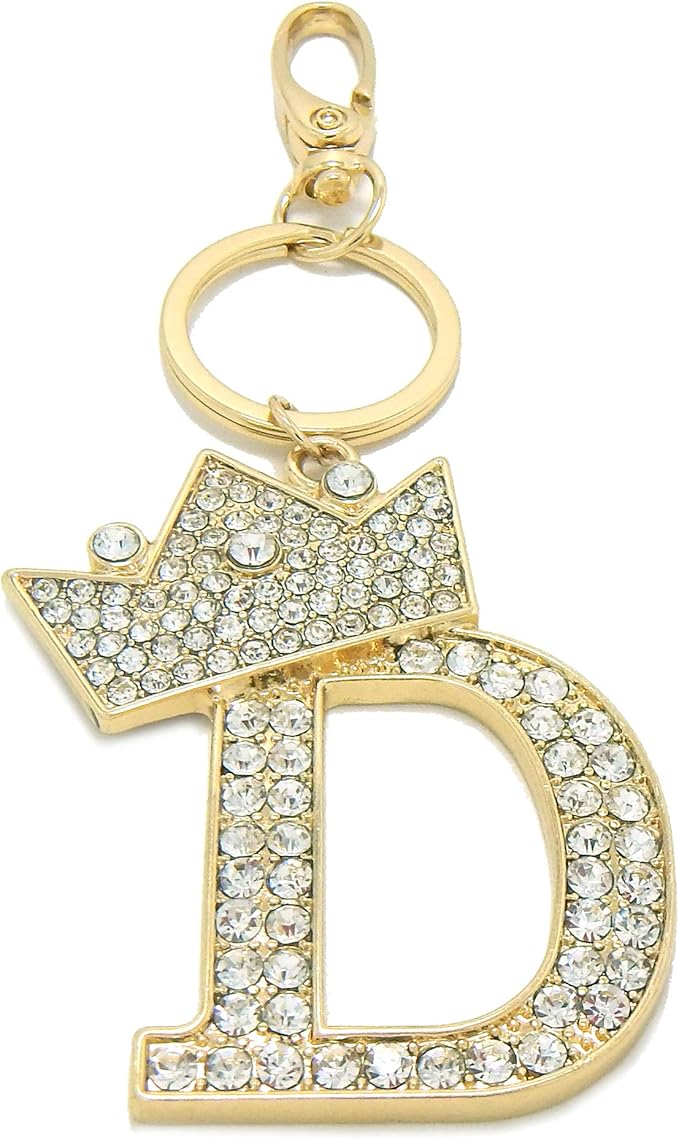 CBC Crown Crystal Rhinestone Letter Initial Keychain, Gold Metal, Bag Charm with Key Ring Approx. 2.17" x 2.56"