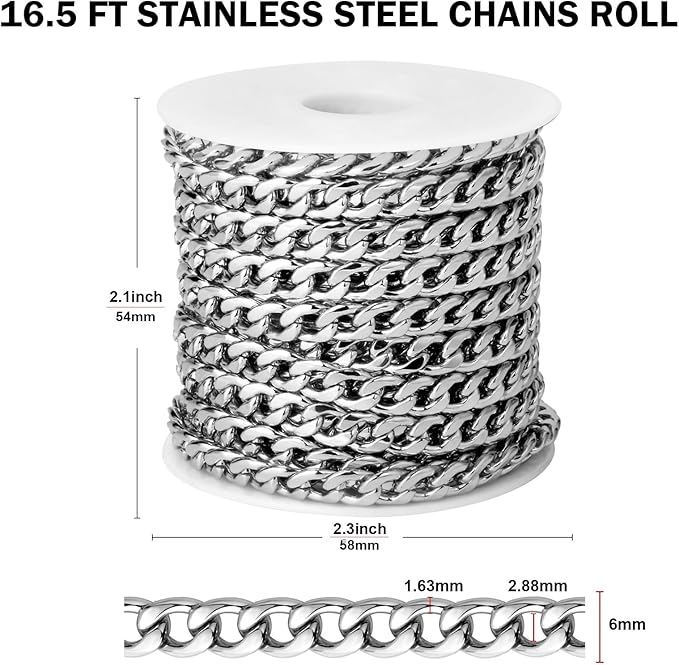 [16.5 FT] Silver Curb Chains for Jewelry Making, 6mm Wide 304 Stainless Steel Cuban Link Chain Roll Bulk for DIY Jewelry Making Craft