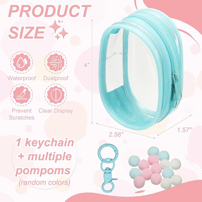 uxcell 4 Inch Clear Figure Display Bag, Mini Clear Pouch Waterproof Coin Pouch with Keychain and Pom Poms for Blind Box Doll Display (Round, Sky Blue)