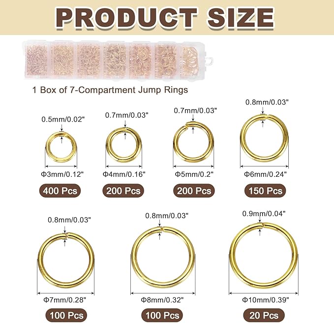 MECCANIXITY 1170Pcs Jump Rings for Jewelry Making, 7 Sizes Jewelry Making Kit with Jump Ring Opener & Pliers for Keychains Earings Repairing DIY Crafting Gold