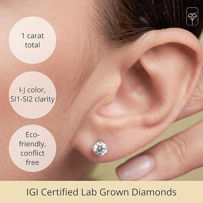 1/4-2 Carat IGI Certified Lab Grown Diamond Stud Earrings | Solitaire Real Diamonds Earring for Women in I-J Color & SI1-SI2 Clarity | 14K Gold Diamond Studs with Secure Backs by MAX + STONE
