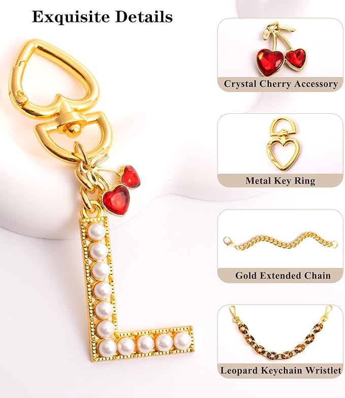 Pearl Initial Keychain with Leopard Bag Charms Wallet Chain Women Cute Alphabet Keychains Charm for Purse Handbag