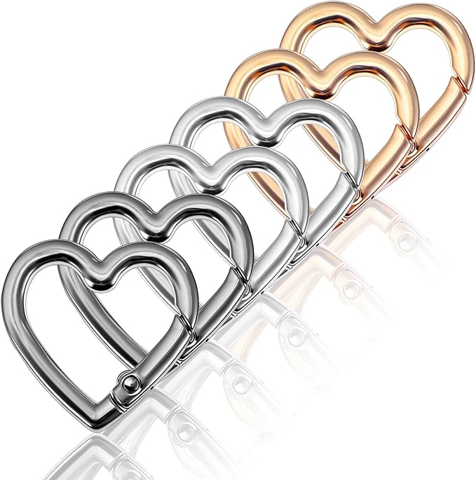 6 Pcs Heart Carabiner Keychain Clip Cute Keychain Hook 1.18 Inch Large Heart Shaped Carabiner Key Ring for Camping Accessories, Backpack Water Bottle Zinc Alloy Accessory (Gold, Silver, Black)