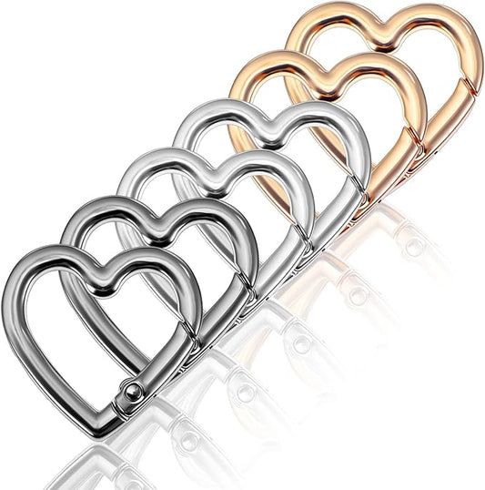 6 Pcs Heart Carabiner Keychain Clip Cute Keychain Hook 1.18 Inch Large Heart Shaped Carabiner Key Ring for Camping Accessories, Backpack Water Bottle Zinc Alloy Accessory (Gold, Silver, Black)