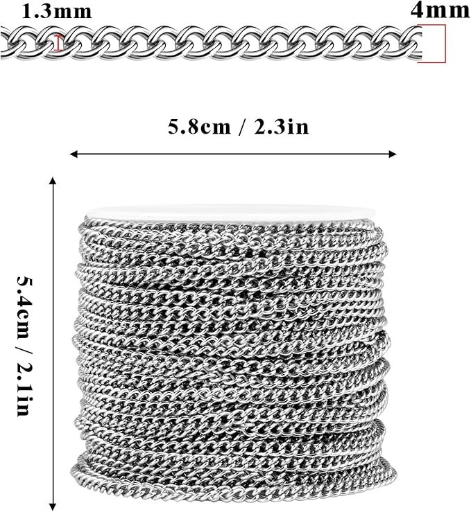 33FT Stainless Steel Curb Chain Roll, 4mm 304 Stainless Steel Flat Twisted Links Curb Chains Bulk Spool for Jewelry Making Necklace DIY Craft