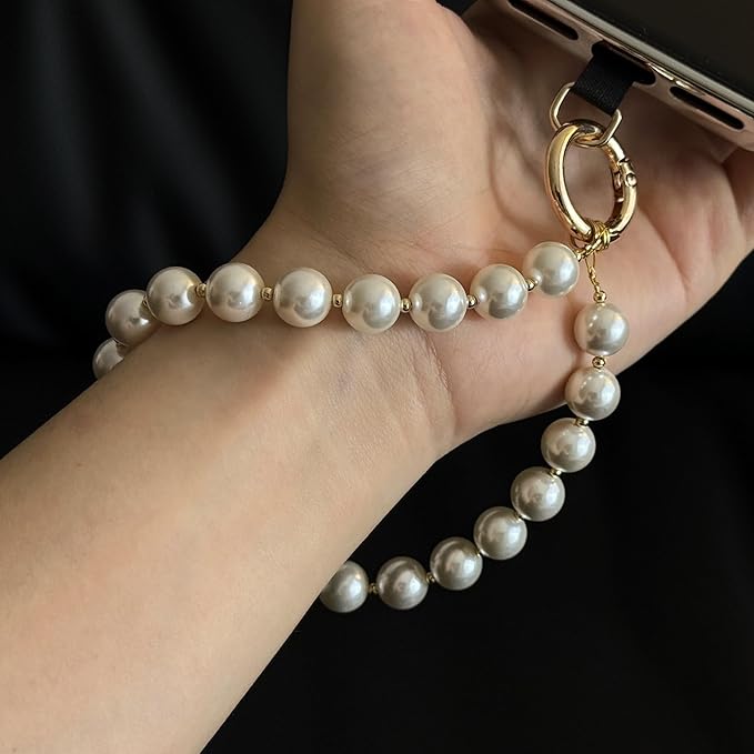 Beaded Phone Wrist Strap Phone Lanyard Pearl Beaded Hand Strap Wristlet Detachable Smartphone Wrist Lanyard (Pearl White)