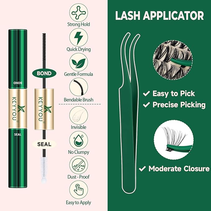 KEYYOU DIY Lash Extension Kit 280pcs Individual Lashes D Curl Eyelash Extension Kit 30D+40D 9-16Mix Lash Clusters with Lash Bond and Seal and Lash Applicator for DIY at Home(KIT-30D40D-0.07D-9-16MIX)