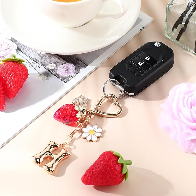 Strawberry Initial Keychain for Women-Cute Kawaii Gold Alphabet Bag Charms, Key chain Gift for Purse Handbag