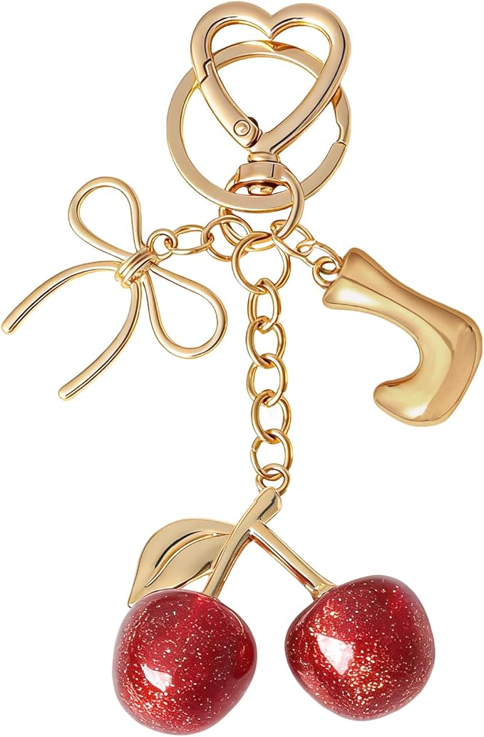 Snycler Bubble Initial Keychain with Cherry & Bow - Gold Letter Bag Charms for Women, Cute Purse Handbag Accessories
