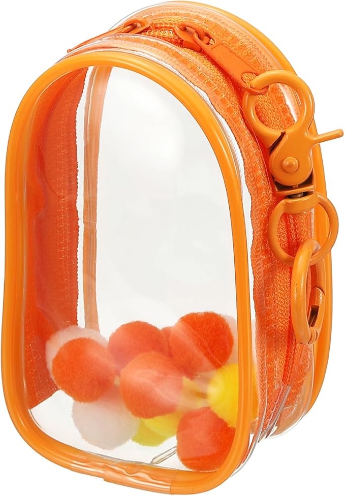 uxcell 4 Inch Clear Figure Display Bag, Mini Clear Pouch Waterproof Coin Pouch with Keychain and Pom Poms for Blind Box Doll Display (Oval, Orange)