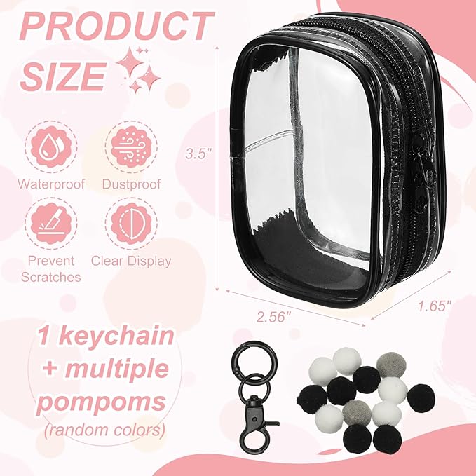 uxcell 3.5 Inch Clear Figure Display Bag, Mini Clear Pouch Waterproof Coin Pouch with Keychain and Pom Poms for Blind Box Doll Display (Square, Black)