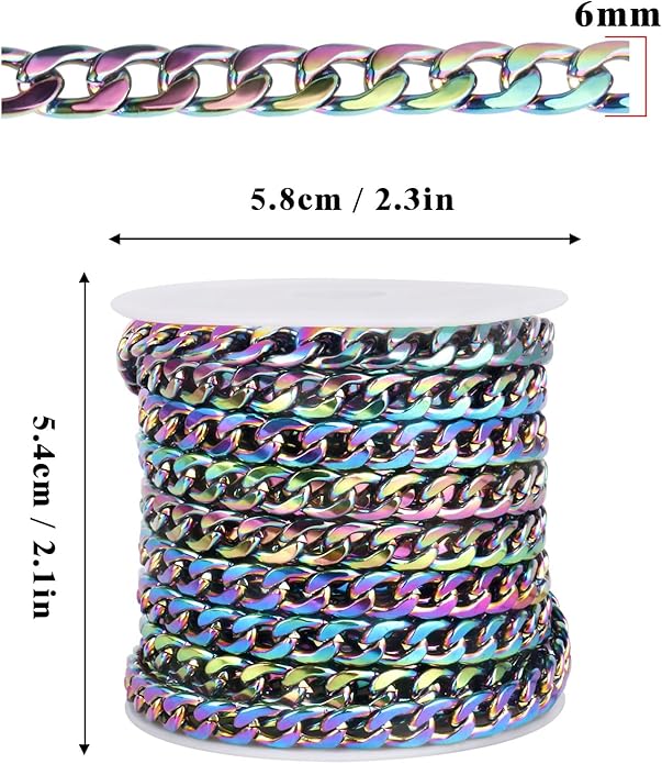 16.5 Ft Stainless Steel Curb Chains, 5mm 6mm 7mm 9mm Cuban Chain Roll Bulk for Jewelry Making