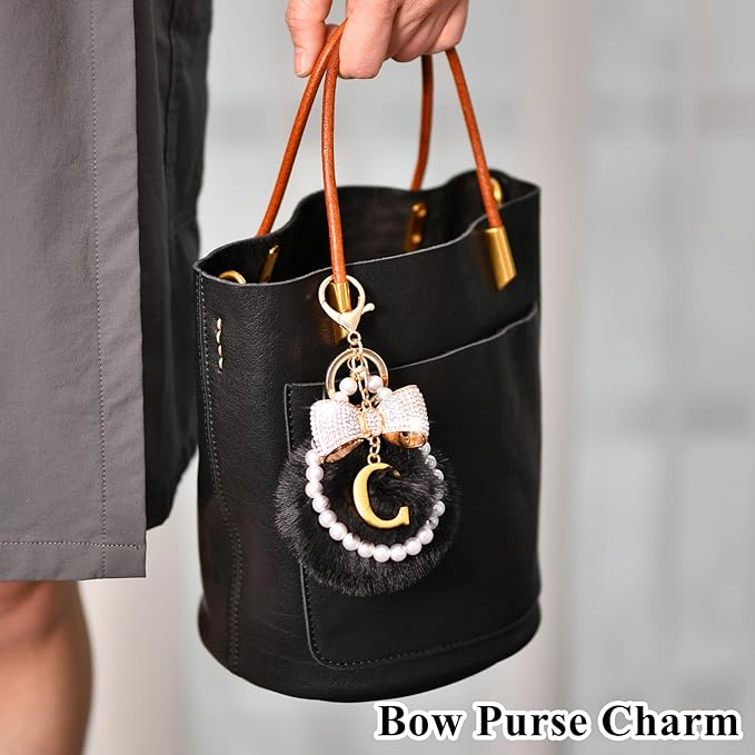 Gold Initial Keychain with Rhinestone Bow & Black Pom Pom, Cute Letter Bag Charm for Women Purse and Car Keys