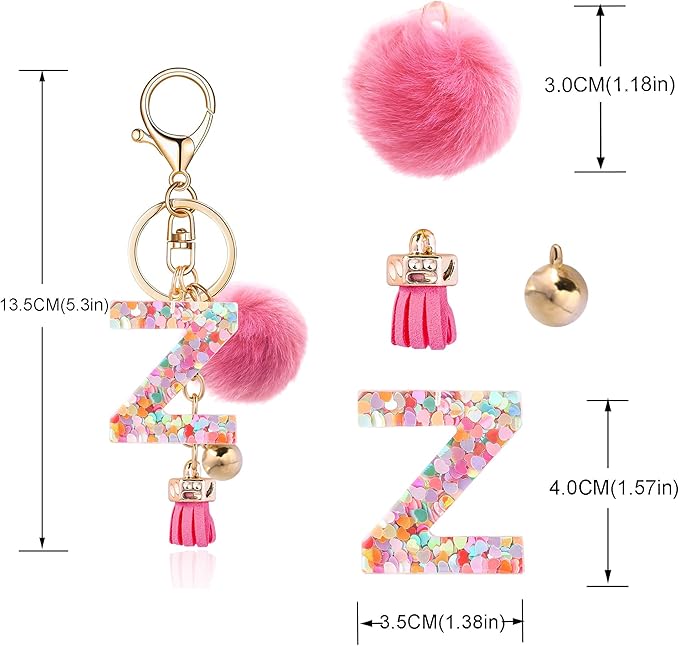 Resin Alphabet Initial Letter Keychain Keyring for Women Purse Handbags With Fur Ball Pom