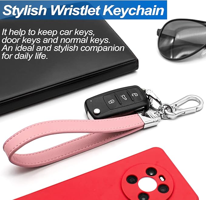 Car Fob Key Chain Genuine Leather Wristlet Strap Keychains Holder for Men and Women, 360 Degree Rotatable, with Anti-lost D-Ring, Carabiner Clip and 4pcs Key Rings, Pink